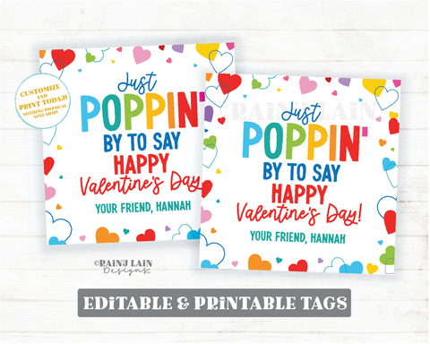 Poppin By to Say Happy Valentine's Day, Editable Popping Fidget Square Gift Tag, Popcorn, Preschool Classroom Printable Kids Non-Candy