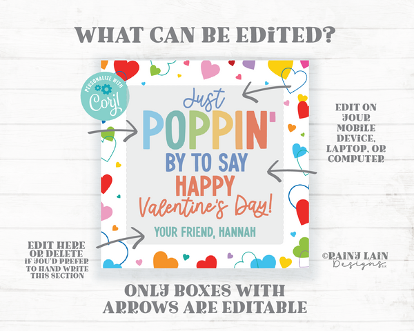 Poppin By to Say Happy Valentine's Day, Editable Popping Fidget Square Gift Tag, Popcorn, Preschool Classroom Printable Kids Non-Candy