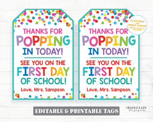 Thanks for Popping in today tag, See you on the first day of school student welcome meet the teacher back to school popcorn pop toy