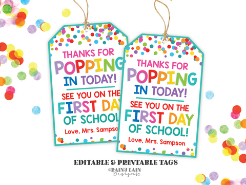 Thanks for Popping In Tag, Meet The Teacher, Student Gift Tag, Open House Gift, Student Gift Tags Back to School, Lollipop Tag, Popcorn Tag