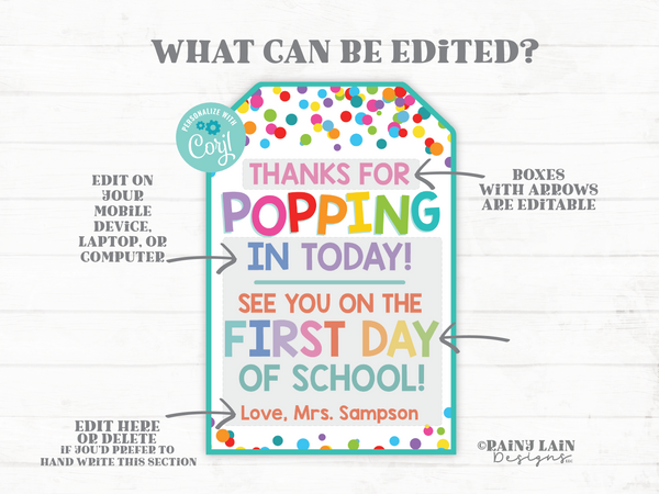 Thanks for Popping In Tag, Meet The Teacher, Student Gift Tag, Open House Gift, Student Gift Tags Back to School, Lollipop Tag, Popcorn Tag