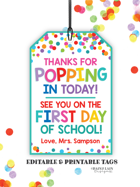 Thanks for Popping In Tag, Meet The Teacher, Student Gift Tag, Open House Gift, Student Gift Tags Back to School, Lollipop Tag, Popcorn Tag