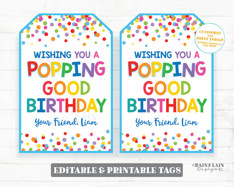 Wishing You A Popping Good Birthday, Editable Gift Tag, Pop Fidget Toy Party Favor, Popcorn Gift, Student, Staff Employee, Digital Download