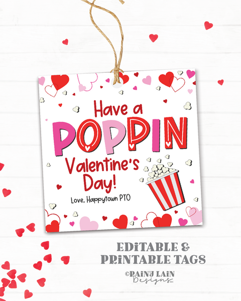 Popcorn Valentine Tag, Poppin Valentine's Day, Pop Corn Valentine Valentine, Stickers, Bucket, Label, Non-Candy, Exchange, School PTO PTA