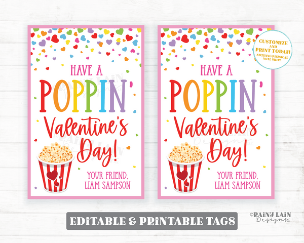 Popcorn Valentine, Poppin Valentine's Day Tag, Snack Mix Homemade Popcorn Gift Tag Caramel Corn Classroom Preschool Printable Kids Non-Candy