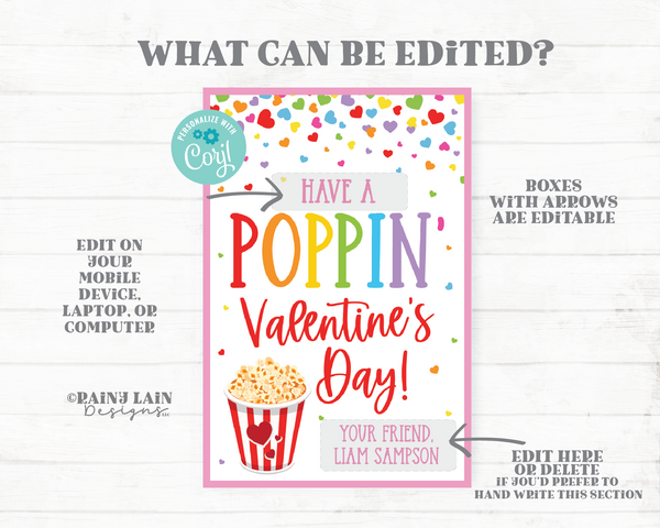 Popcorn Valentine, Poppin Valentine's Day Tag, Snack Mix Homemade Popcorn Gift Tag Caramel Corn Classroom Preschool Printable Kids Non-Candy