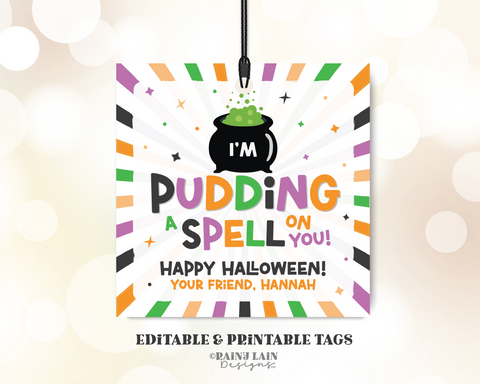 Halloween Favor Tag, Pudding a Spell on You, Gift, Pudding Cups, Trick or Treat, Classroom Editable School PTO PTA, Digital Download