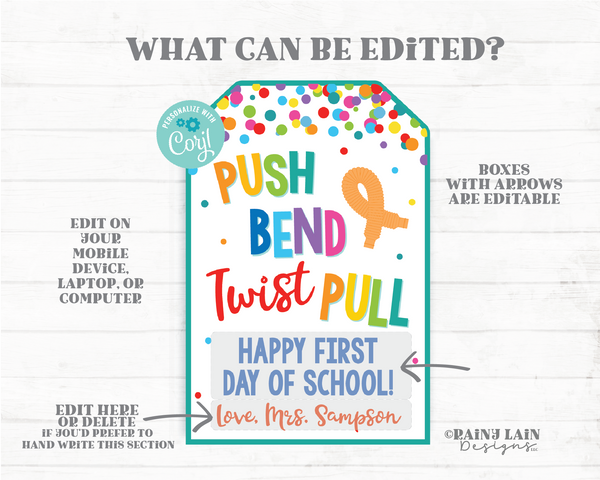 Push Bend Twist Pull Happy First Day of School Tag Editable Pop Tube Gift Fidget Toy Student From Teacher Preschool Classmate Back to School