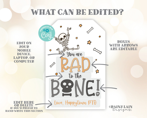 Editable Halloween Skeleton Tag, Rad To The Bone Gift Tag, Classroom Favor, Co-Worker, Teacher Appreciation, Digital Download