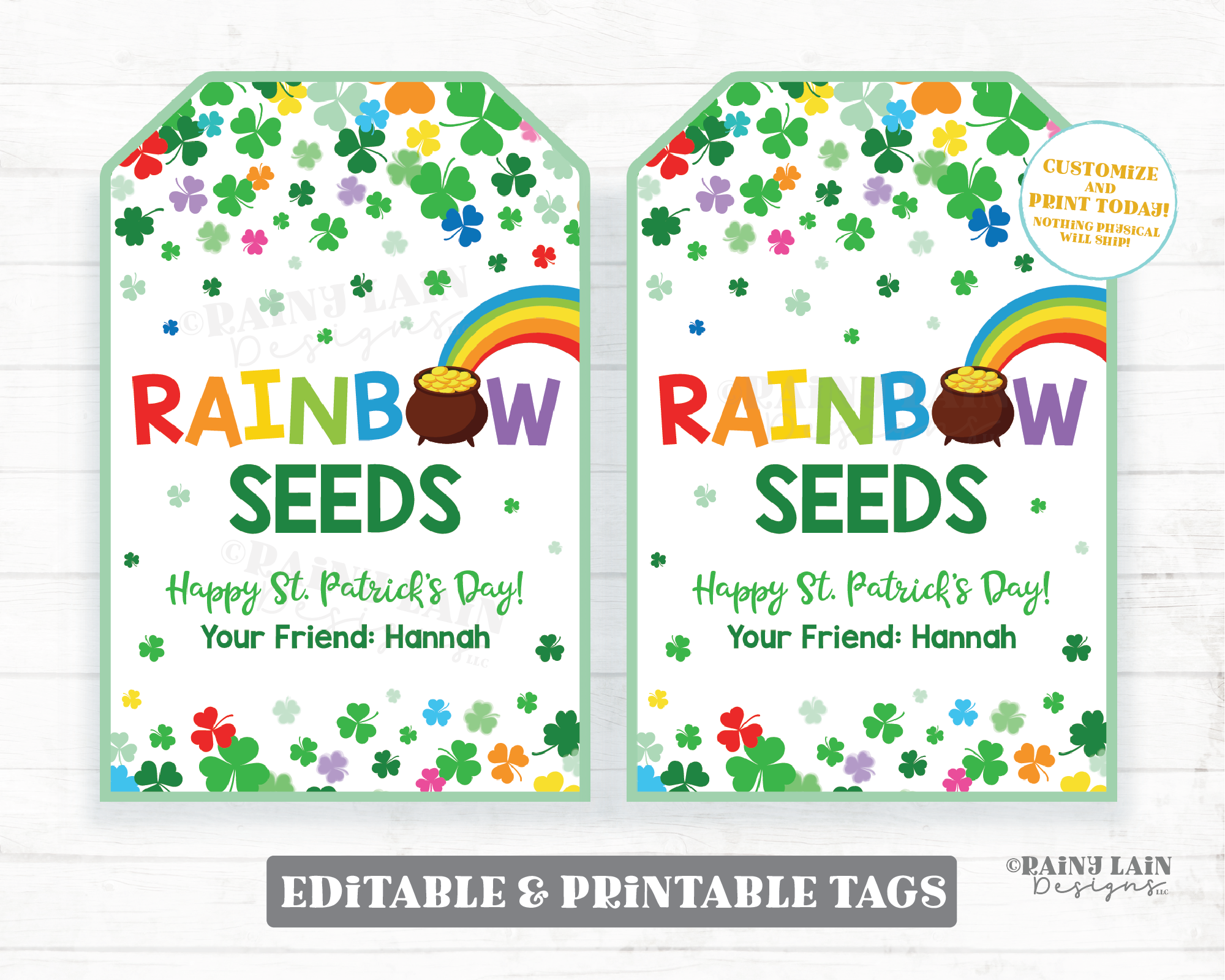 Rainbow Seeds Tag, St Patrick's Day Gift, Shamrocks, Candy, Pot of Gold, Preschool Student Classroom Printable Digital Download