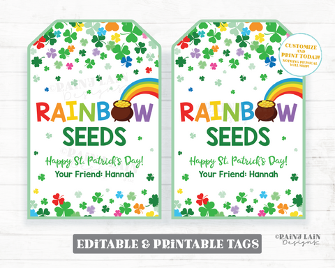 Rainbow Seeds Tag, St Patrick's Day Gift, Shamrocks, Candy, Pot of Gold, Preschool Student Classroom Printable Digital Download