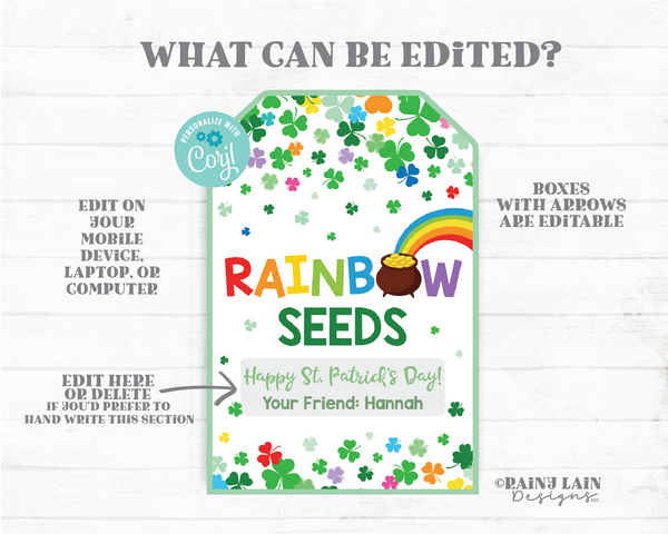 Rainbow Seeds Tag, St Patrick's Day Gift, Shamrocks, Candy, Pot of Gold, Preschool Student Classroom Printable Digital Download