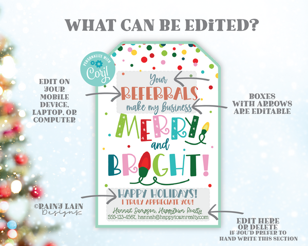 Christmas Referrals Gift Tag, Small Business, Merry and Bright, Realtor Pop By, Holiday Appreciation Client Customer, Editable Printable
