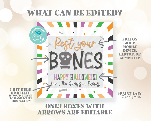 Rest Your Bones Tag, Halloween Gift Tag, Teacher Throw Blanket Gift, Spa, Trick or Treat, School Staff Co-Worker, Relax