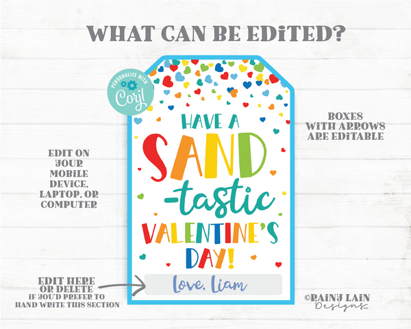 Sand Valentine, Sand-tastic Valentine's Day, Play Sand Gift Tag, Classroom, Kids Printable, Non-Candy, Editable, Digital Download
