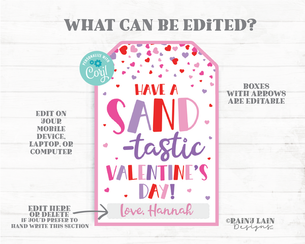 Sand-tastic Valentine's Day, Play Sand Valentine, Editable Gift Tag, Classroom, Kids Printable, Non-Candy, Digital Download