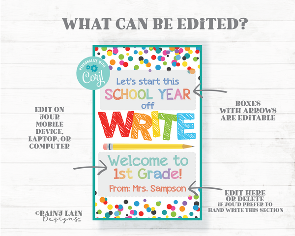 Let's Start this School Year off WRITE Tag Welcome to 1st Any Grade Kindergarten Back to School Pencil Gift Pen Student From Teacher PTO