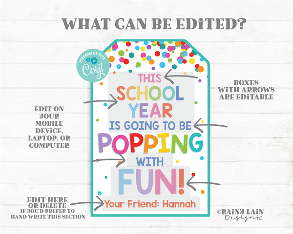 This School Year is going to be Popping with Fun Tag Back to School Gift Popcorn Pop Fidget Classroom Printable Student From Teacher Favor