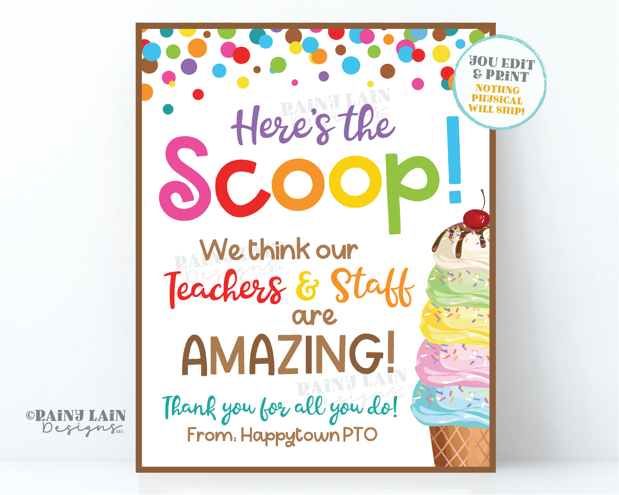 Here's the Scoop Sign Ice Cream Social Teacher's Lounge Staff Room Employee Appreciation Company Corporate PTO PTA Teacher School