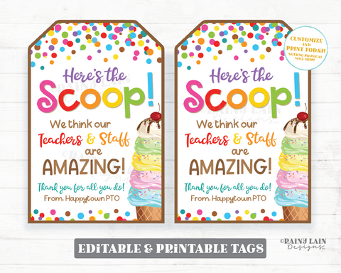 Here's the Scoop Ice Cream Tag Teacher's Lounge Staff Room Social Employee Appreciation Corporate PTO PTA Company Teacher School
