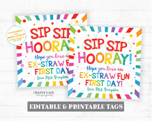 Sip Sip Hooray Ex-STRAW Fun First Day of School Back to School Straw Gift Tag Silly Crazy Bendy Printable Student From Teacher Favor PTO