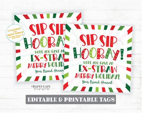 Straw Christmas Gift Tag Sip Sip Hooray Ex-STRAW Merry Holiday Silly Crazy Bendy Staff Drink Soda Spirits Kids Student From Teacher