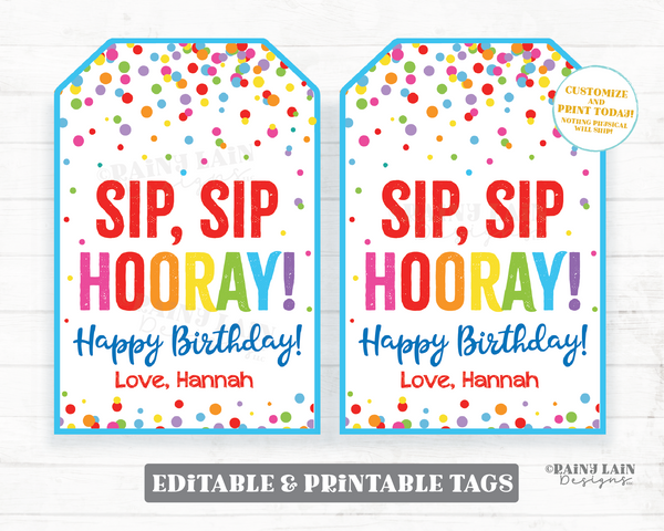 Sip Sip Hooray Happy Birthday Tags, Happy Birthday Straw Tags, Silly Straw, Crazy Straw, Reusable Straw Favor Tag, Printable Tags, Confetti