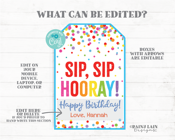 Sip Sip Hooray Happy Birthday Tags, Happy Birthday Straw Tags, Silly Straw, Crazy Straw, Reusable Straw Favor Tag, Printable Tags, Confetti