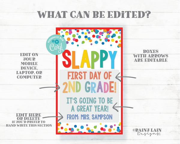 Slappy First Day of School Tag Slap Bracelet Card 1st Gift Preschool 2nd 3rd 4th Grade Any Classroom Printable Editable From Teacher Student
