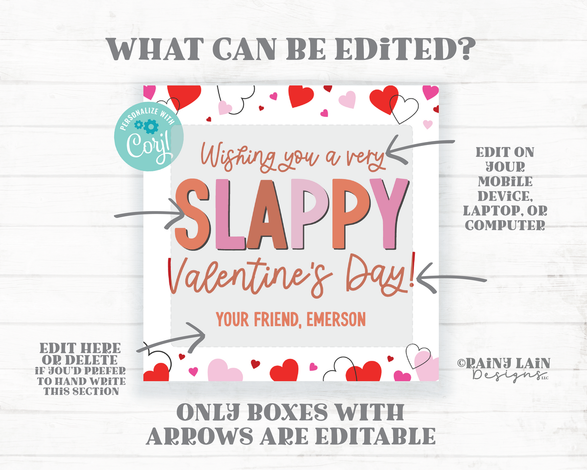 Slap Bracelet Valentine, Slappy Valentine's Day Tag, Editable Square G ...
