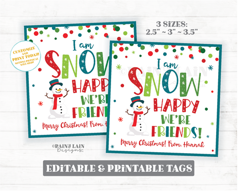 I am SNOW happy we're friends Tag Glad we are friends Winter Printable Christmas Editable Snowman Student Holiday Favor Classroom Gift Tag