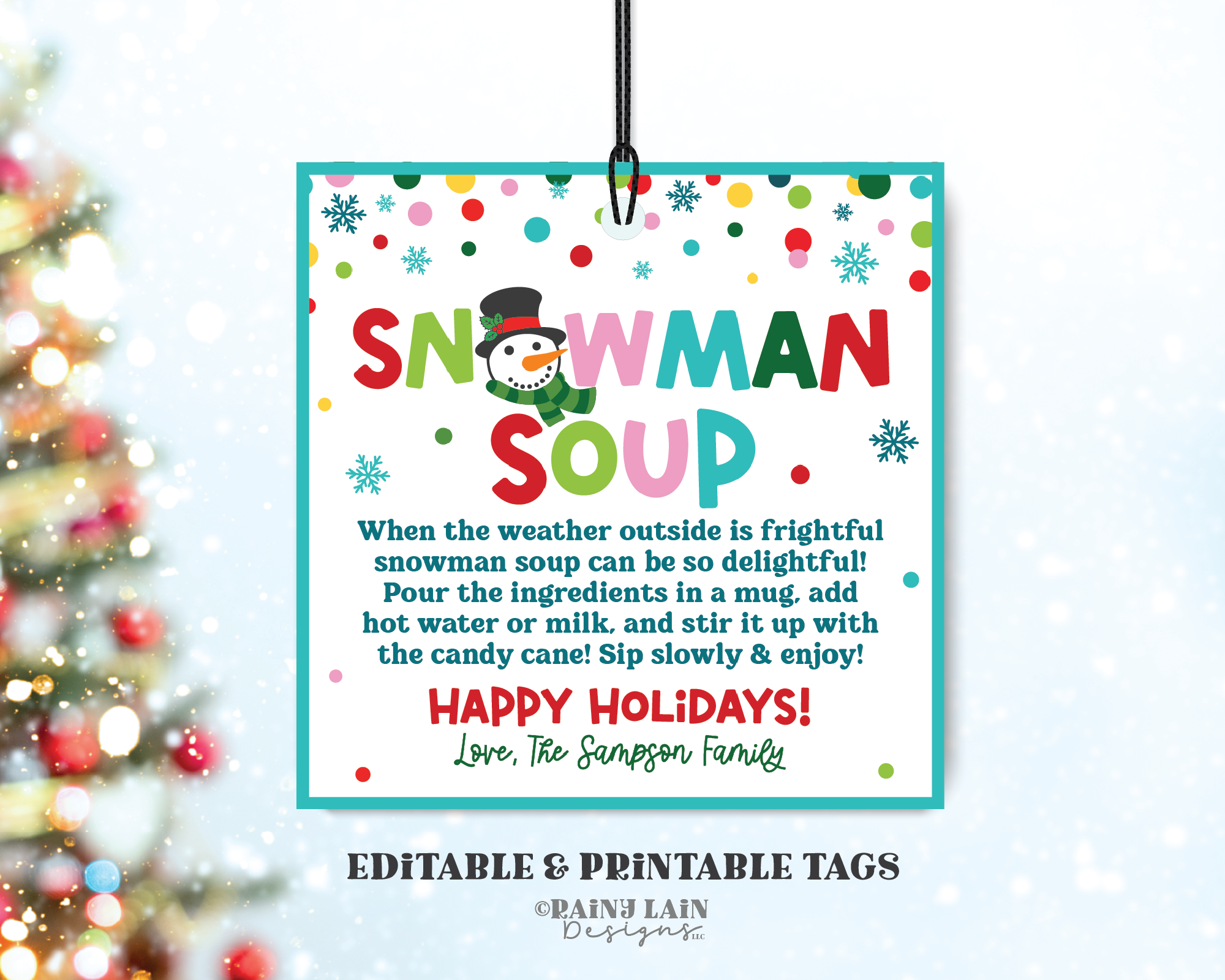 Snowman Soup Hot Chocolate Gift Tag, Editable Christmas Hot Cocoa Label, DIY Template, Printable Instructions, Personalize with Corjl, Favor