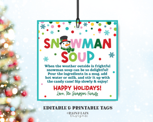 Snowman Soup Hot Chocolate Gift Tag, Editable Christmas Hot Cocoa Label, DIY Template, Printable Instructions, Personalize with Corjl, Favor