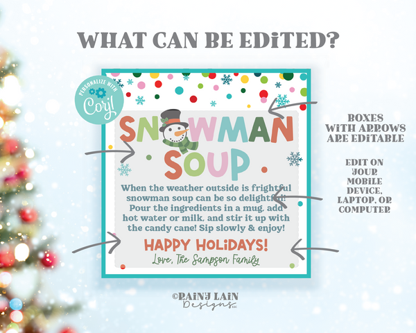 Snowman Soup Hot Chocolate Gift Tag, Editable Christmas Hot Cocoa Label, DIY Template, Printable Instructions, Personalize with Corjl, Favor
