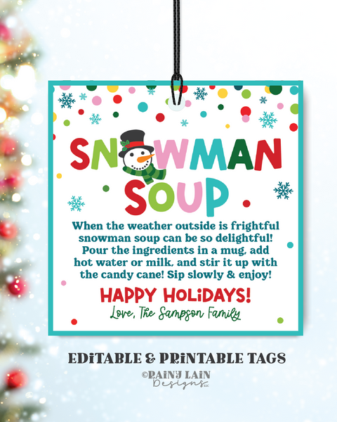 Snowman Soup Hot Chocolate Gift Tag, Editable Christmas Hot Cocoa Label, DIY Template, Printable Instructions, Personalize with Corjl, Favor