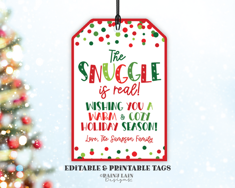 The Snuggle is Real Christmas Gift Tags, Office, Co-worker, Teacher, Secret Santa, White Elephant, Blanket Throw Mitten, Editable Template