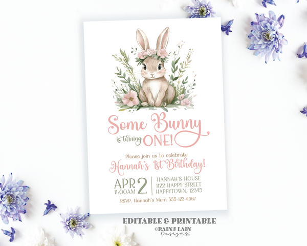 Some Bunny is One Invite, Editable Some Bunny Birthday Invite, Pink and Green 1st Birthday, Spring, Easter