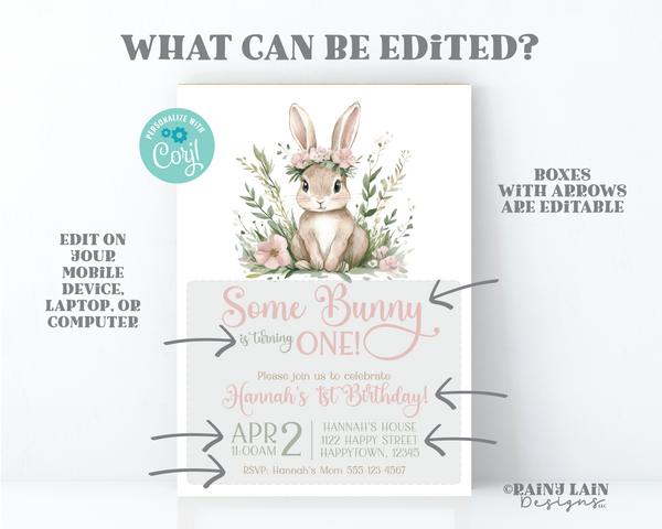 Some Bunny is One Invite, Editable Some Bunny Birthday Invite, Pink and Green 1st Birthday, Spring, Easter