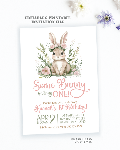 Some Bunny is One Invite, Editable Some Bunny Birthday Invite, Pink and Green 1st Birthday, Spring, Easter