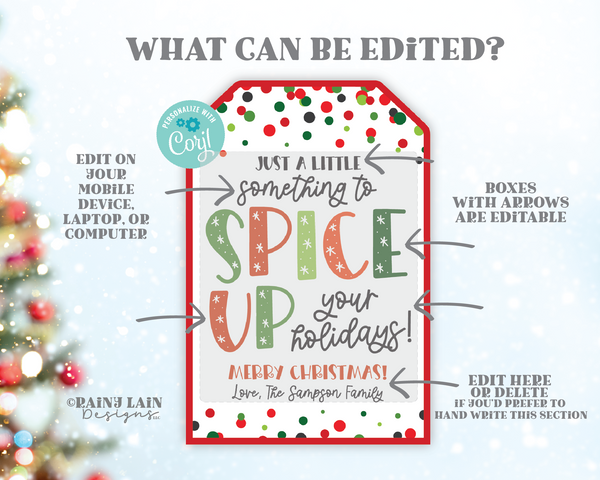 Spice Up Your Holiday Tag, Editable Christmas Gift Template, Seasonings Label, White Elephant Gift, Neighbor, Dip Mix, Secret Santa Exchange