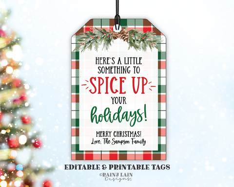 Editable Spice Up Your Holiday Gift Tag Template, Christmas Seasonings Label, Neighbor, Dip Mix, White Elephant Gift, Secret Santa Exchange