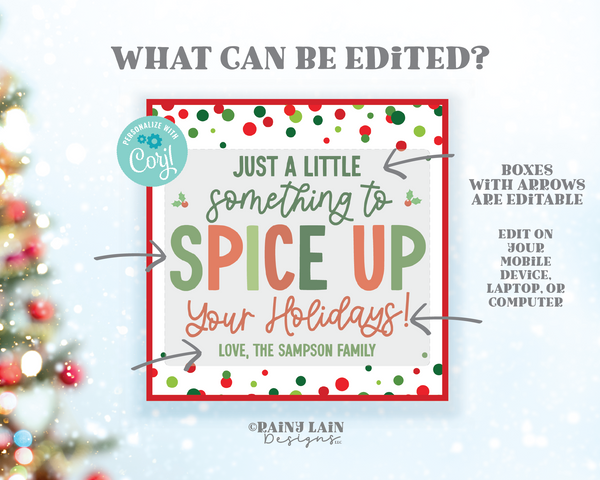 Spice Up Your Holiday Gift Tag, Editable Template, Christmas Seasonings, Neighbor, White Elephant Gift, Secret Santa Exchange, Spice Blend