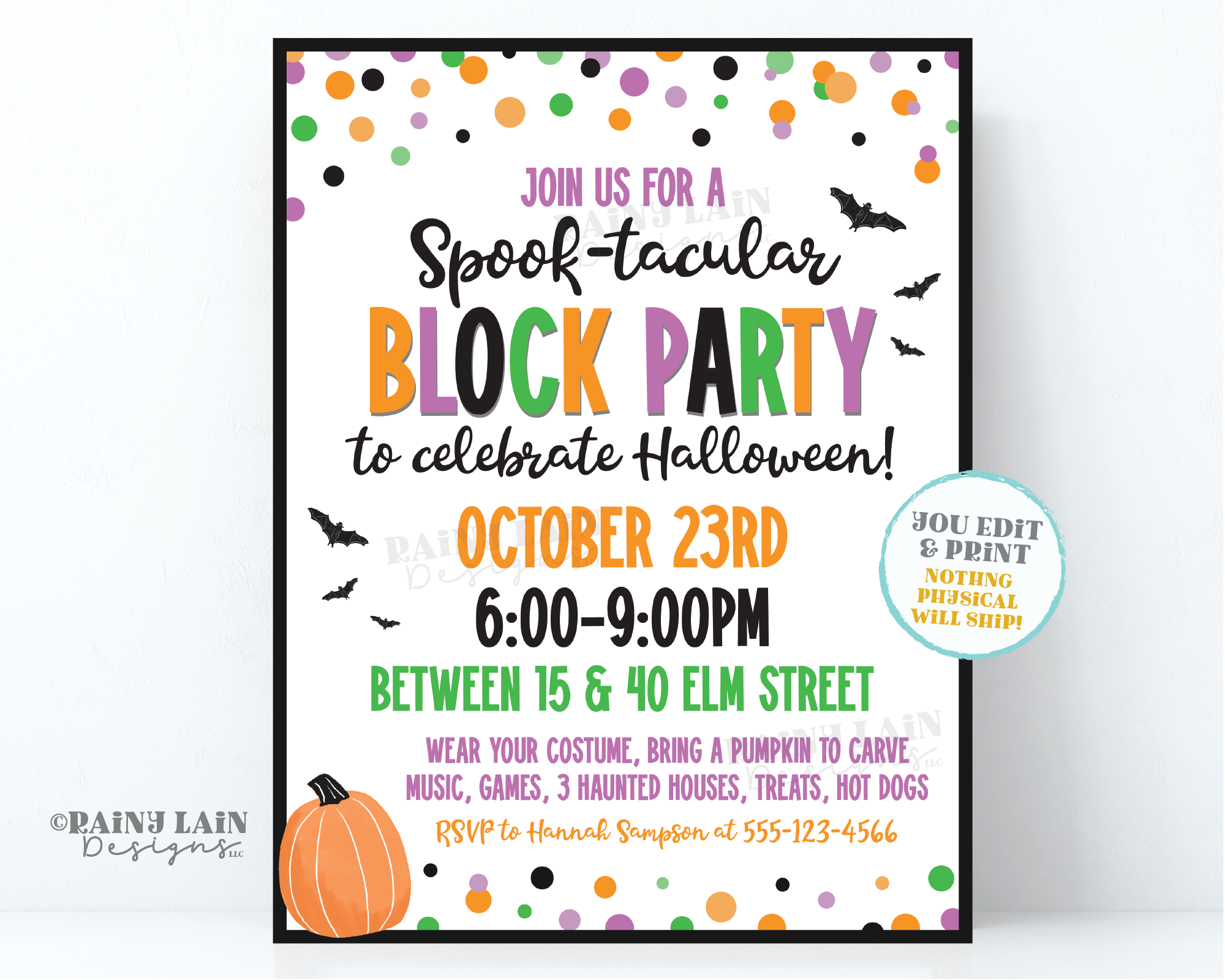 Editable Halloween Block Party Spooktacular Spook-tacular Flyer Printable Flier Bats Invitation Pumpkin Invite Confetti Neighborhood HOA