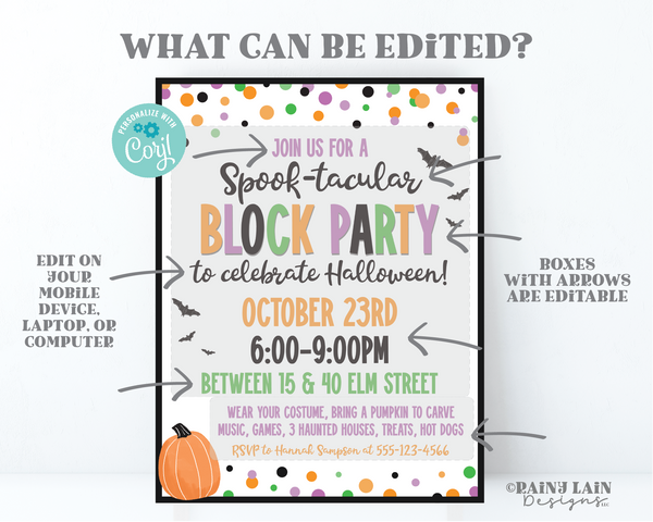 Editable Halloween Block Party Spooktacular Spook-tacular Flyer Printable Flier Bats Invitation Pumpkin Invite Confetti Neighborhood HOA