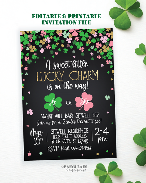 St. Patrick's Day Gender Reveal Invitation, A sweet little lucky charm is on the way, He or She what will our little shamrock be, chalkboard