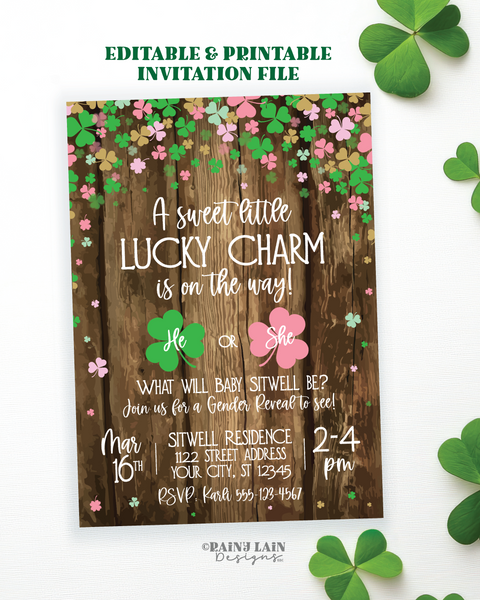St. Patrick's Day Gender Reveal Invitation He or She what will our little shamrock be A little lucky charm is on the way rustic wood