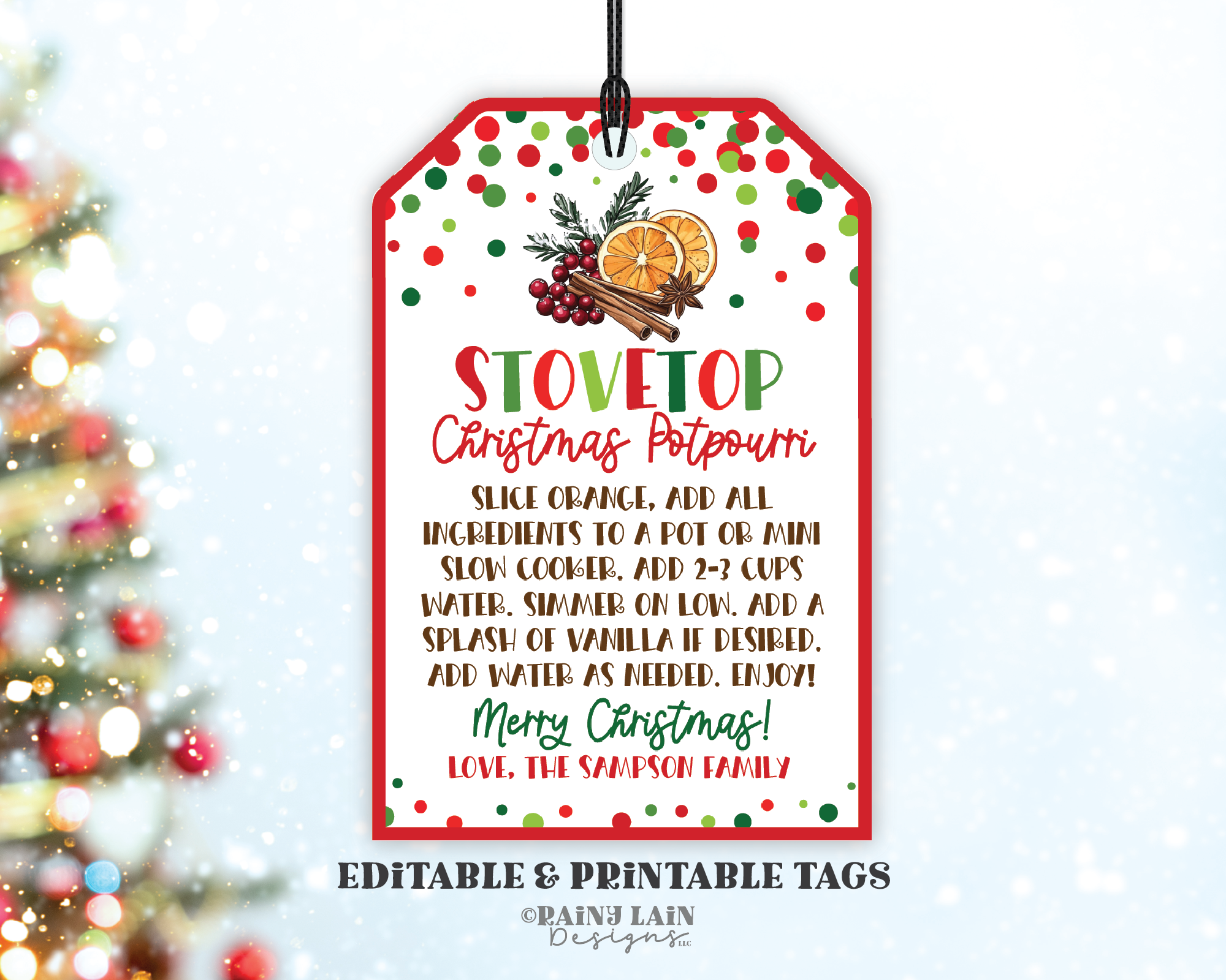 Stovetop Potpourri Christmas Gift Tag, Editable, Teacher, Label, Neighbor, Holiday Scents Digital Printable, Digital Download