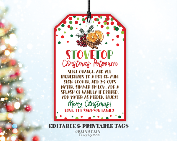 Stovetop Potpourri Christmas Gift Tag, Editable, Teacher, Label, Neighbor, Holiday Scents Digital Printable, Digital Download
