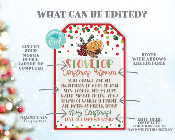 Stovetop Potpourri Christmas Gift Tag, Editable, Teacher, Label, Neighbor, Holiday Scents Digital Printable, Digital Download