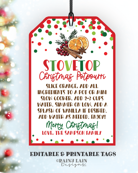 Stovetop Potpourri Christmas Gift Tag, Editable, Teacher, Label, Neighbor, Holiday Scents Digital Printable, Digital Download